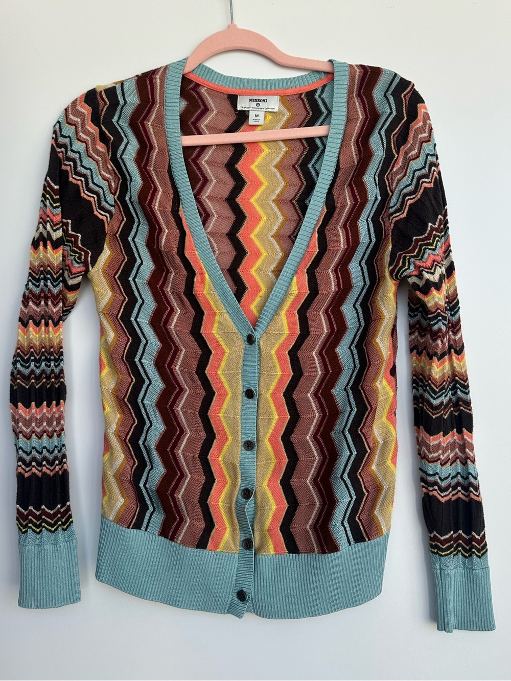 Missoni Multicolor Chevron Knit Cardigan with Coral Trim